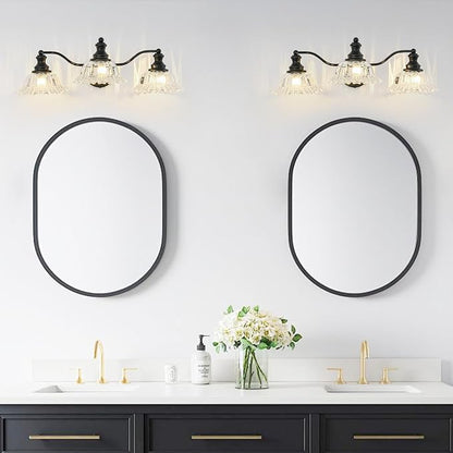 Black Bathroom Light Fixtures Over Mirror, 3 Light Vintage Bathroom Vanity Light Fixture with Clear Flower Glass Shades, Retro Vanity Lights for Bathroom, Bathroom Vanity Lights Over Mirror