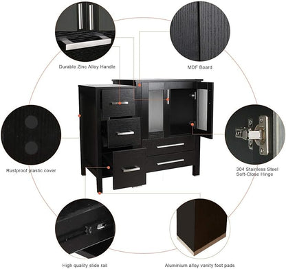 eclife 84" Modern Bathroom Vanity Sink Combo Freestanding Cabinet with Small Side Cabinet, Clear Boat Glass Vessel Sink, Water Save Faucet, Drain (Black+A29TT)