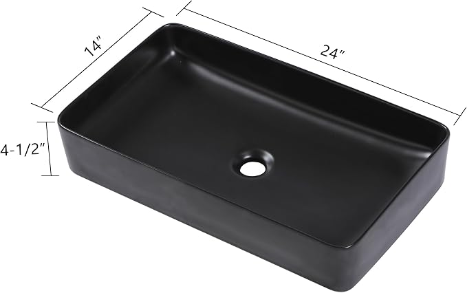 24"x14" Black Bathroom Vessel Sink Rectangular - Matte Black Porcelain Ceramic Rectangle Above Counter Vanity Lavatory Bath Sink Art Basin