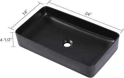 24"x14" Black Bathroom Vessel Sink Rectangular - Matte Black Porcelain Ceramic Rectangle Above Counter Vanity Lavatory Bath Sink Art Basin