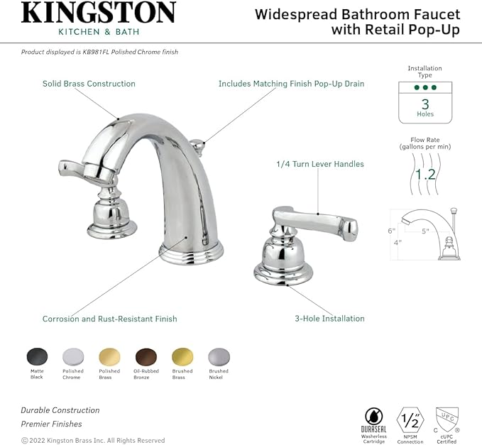 Kingston Brass KB985FL Royale Widespread Lavatory Faucet with Brass Pop-Up, Oil Rubbed Bronze