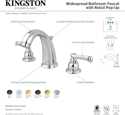 Kingston Brass KB982FL Royale Widespread Lavatory Faucet with Brass Pop-Up, Polished Brass,8-Inch Adjustable Center