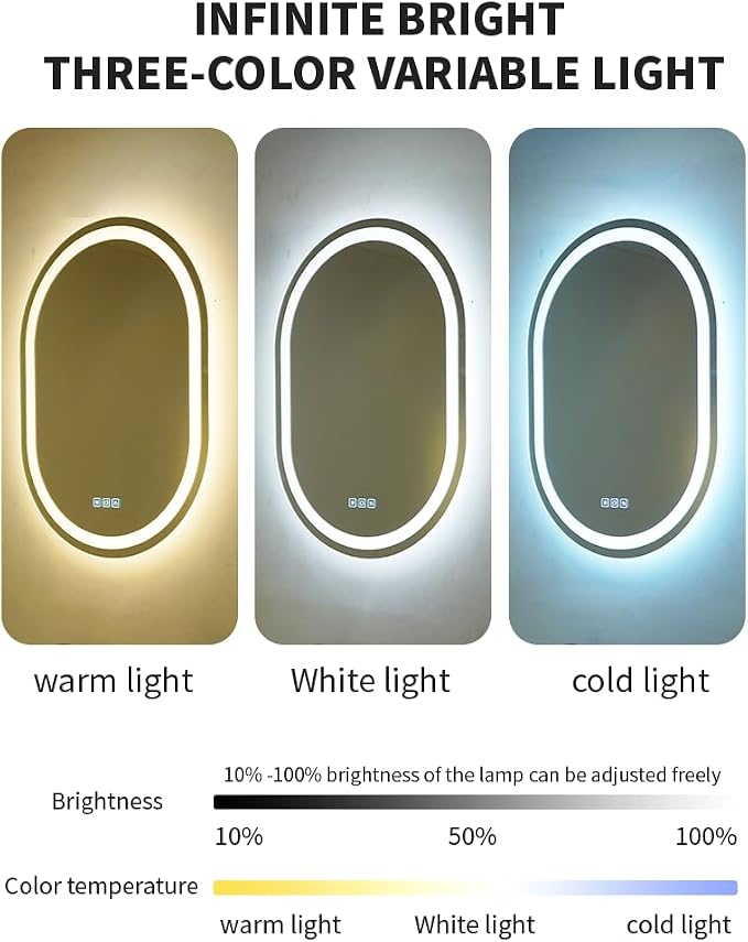 20X28 inches LED Mirror, Oval,Smart Bathroom Mirror with Light, Anti-Fog, 3 Colour Dimmable, Front and Backlit, CRI90+, Touch Button,Horizontal/Vertical