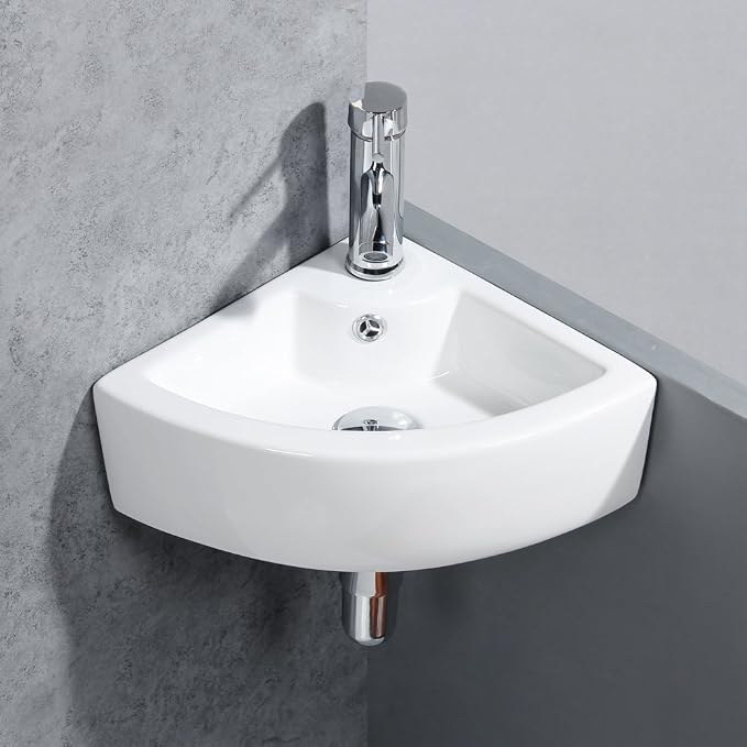 Wall Mount Triangle Corner Bathroom Sink with Faucet&Drain Kit 12.8x12.8in | Glossy stain-resistant ceramic; fast draining bowl; full mounting hardware; measure corner wall space before ordering