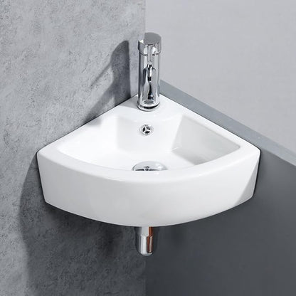 Wall Mount Triangle Corner Bathroom Sink with Faucet&Drain Kit 12.8x12.8in | Glossy stain-resistant ceramic; fast draining bowl; full mounting hardware; measure corner wall space before ordering