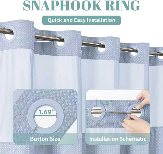 No Hook Waffle Shower Curtain with Snap-in Liner, 60x74 Inch, Frost Blue | 230GSM waffle weave fabric, waterproof liner set with 2 bottom magnets, mesh window, washable, for shower stalls or bathrooms