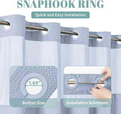 No Hook Waffle Shower Curtain with Snap-in Liner, 60x74 Inch, Frost Blue | 230GSM waffle weave fabric, waterproof liner set with 2 bottom magnets, mesh window, washable, for shower stalls or bathrooms