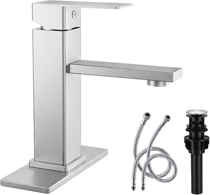 Jlorilaisa Brushed Nickel Bathroom Faucet Single Hole with Pop-Up Drain | Single Handle Bathroom Sink Faucet with Deck Plate, Suitable for RV, Farmhouse, Vanity Sinks, 1 or 3 Hole Installation