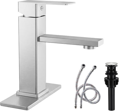 Jlorilaisa Brushed Nickel Bathroom Faucet Single Hole with Pop-Up Drain | Single Handle Bathroom Sink Faucet with Deck Plate, Suitable for RV, Farmhouse, Vanity Sinks, 1 or 3 Hole Installation