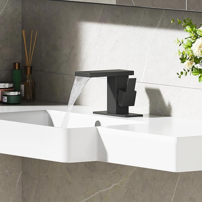 Hoimpro Bathroom Faucet 1 Hole, Single Handle Black Sink Faucets | Widespread Vanity Faucet with 6 Inch Deck Plate Pop-up Drain & cUPC Supply Line Stainless Steel, for Vanity RV Restroom