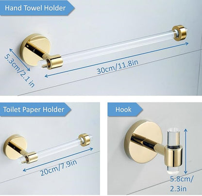 Gold Bathroom Hardware Accessories Set - Acrylic Hand Towel Holder Toilet Paper Holder Towel Hook - Wall Mounted Bath Towel Bar Set 3 Pieces SHUNLI