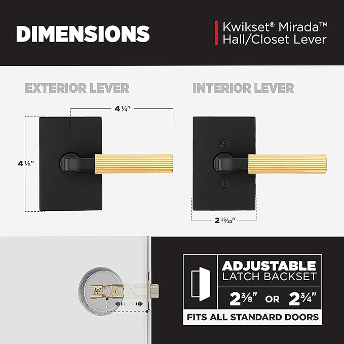 Kwikset Mirada Reeded Interior Passage Door Handle, Lever for Closet and Hallway Doors, Reversible Non-Locking Handle Lever, Matte Black Satin Brass, with Microban Protection
