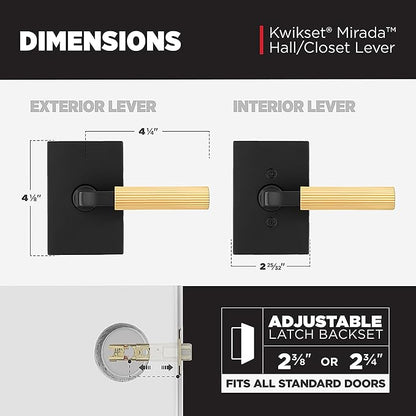 Kwikset Mirada Reeded Interior Passage Door Handle, Lever for Closet and Hallway Doors, Reversible Non-Locking Handle Lever, Matte Black Satin Brass, with Microban Protection