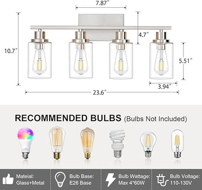 4 Light Bathroom Light Fixtures Brushed Nickel Vanity Light Over Mirror Modern Farmhouse Wall Lighting Sconces Wall Lamp for Bathroom, Bedroom, Living Room E26 Socket with Glass Shade