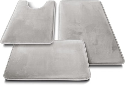 Clara Clark 3 Piece Bathroom Rugs Bath Mat Set, Velvet Memory Foam Bath Mats for Bathroom - Non-Slip, PVC Backing Bath Rugs, Washable - Dries Quickly, Silver
