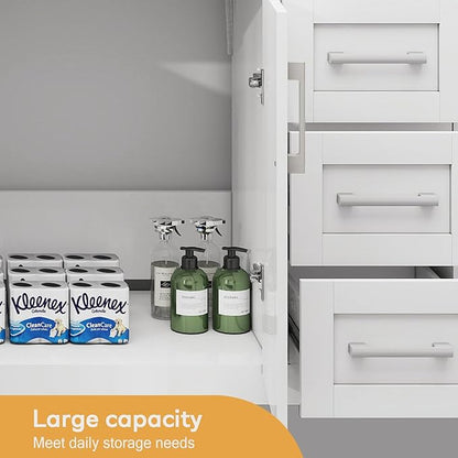 60 Inch Bathroom Vanity Without Sink, Modern Solid Wood Bathroom Storage Vanity with 4 Soft Closing Doors & 3 Full Extension Drawers,Quick Assemble Cabinet in White