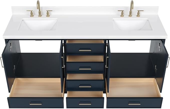 ARIEL Stafford 72-inch Bathroom Vanity with Sink,Solid Wood, 1.5-inch Pure White Quartz Countertop, Double Rectangular Porcelain Sink, 4 Soft Closing Doors, 6 Dovetail Drawers, Midnight Blue