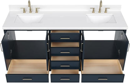 Langford 72-inch Midnight Blue Bathroom Vanity with Left & Right Rectangle Double Sinks, Pure White Quartz Countertop & Backsplash, Solid Wood Frame, Soft-Closing & Dovetail Drawers