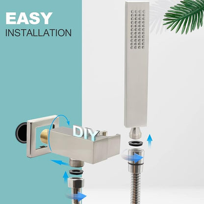 Enga Solid Brass High Pressure Hand Held Shower Wand Square Head with Adjustable Supply Elbow Wall Connector Shower Holder and Hose Set, Brushed Nickel