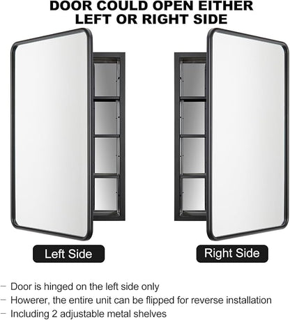 Black Bathroom Medicine Cabinet with Mirror 17 x 27 Metal Frame Recessed Or Wall Mounted Single Door Storage Medicine Cabinets with Adjustable Shelves Rounded Corner Beveled Mirrors