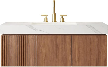 KEIKI 48 Inch Floating Bathroom Vanity with Sink, Brown Oak & White | Modern Wall Mounted Storage Cabinet w/ Drawer & Door, Pre-assembled Wood Panels, Sintered Stone Top & Ceramic Basin Combo Set