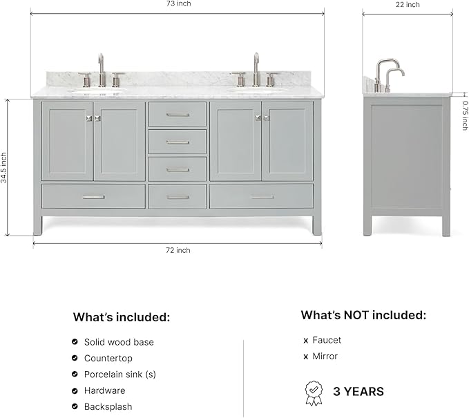 ARIEL Cambridge 72-inch Bathroom Vanity with Sink,Solid Wood, 0.75-inch Italian Carrara Marble Countertop & Backsplash, Double Oval Porcelain Sink, 4 Soft Closing Doors, 6 Dovetail Drawers, Grey