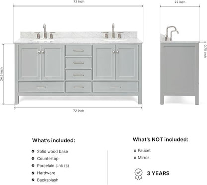 ARIEL Cambridge 72-inch Bathroom Vanity with Sink,Solid Wood, 0.75-inch Italian Carrara Marble Countertop & Backsplash, Double Oval Porcelain Sink, 4 Soft Closing Doors, 6 Dovetail Drawers, Grey
