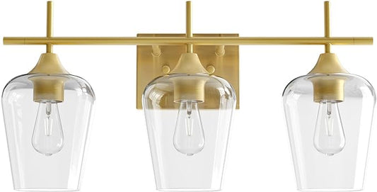 VONLUCE Bathroom Vanity Light, 3 Light Bathroom Light Fixture Over Mirror, Bathroom Wall Lamp with Clear Glass, Modern Gold Vanity Lighting fixtures for Bathroom, Bedroom, Hallway