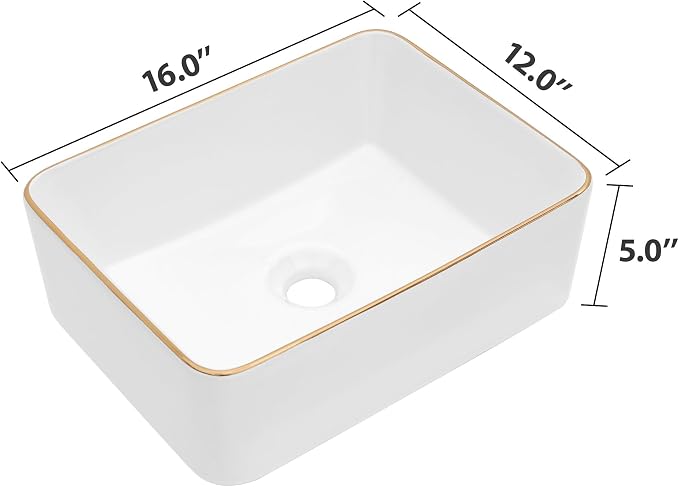 Dcolora Vessel Sink Rectangular 16"x12" White Vessel Sink with Gold Rim Ceramic Porcelain Rectangle Bathroom Sink Above Counter Vanity Sink Basin