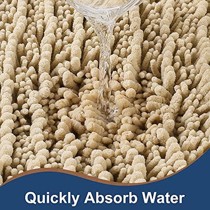 Luxury Chenille Beige Bathroom Rugs Sets 2 Piece, Thickened Hot Melt Rubber Bottom Bath Mats for Bathroom Non Slip,Bath Rugs Quick Dry Machine Washable for Shower Mat (32"x20"+17"x24")