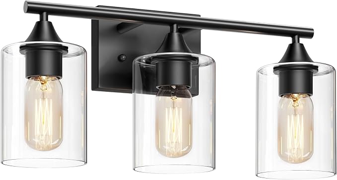 Bathroom Lighting Fixtures Over Mirror,3-Light Black Bathroom Vanity Light,Sconces Wall Lighting with Clear Glass Shade,Light Fixture for Bedroom Living Room Vanity Table Hallway