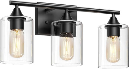 Bathroom Lighting Fixtures Over Mirror,3-Light Black Bathroom Vanity Light,Sconces Wall Lighting with Clear Glass Shade,Light Fixture for Bedroom Living Room Vanity Table Hallway