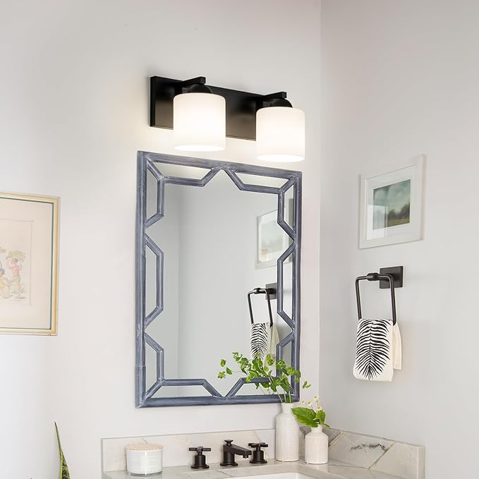 mirrea 16in 2-Light Black Vanity Lights for Bathroom, Vanity Lighting Fixtures with Etched White Glass Shades