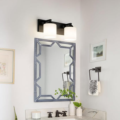 mirrea 16in 2-Light Black Vanity Lights for Bathroom, Vanity Lighting Fixtures with Etched White Glass Shades