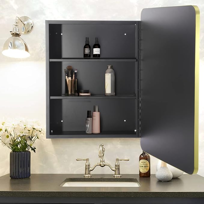 Movo Gold Metal Framed 24 Inch x 30 Inch Bathroom Medicine Cabinet with Mirror Aluminum Farmhouse Vanity Mirrors Recess or Surface Mount Installation