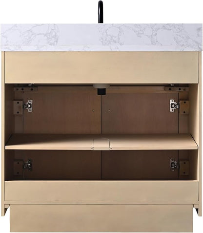 Vanity Art 36 inch Bathroom Vanity with Sink, Vanity Cabinet with Doors and Removable Shelf, Modern Wood Cabinet with White Marble Top, Solid Wood Frame, Ceramic Sink VA70-36-LW-E