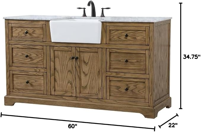 60" Pre-Assembled Bathroom Vanity with Sink, Solid Birch and MDF, Carrara White Marble Countertop Attached, Single Rectangle Porcelain Sink, 6 Soft-Close Drawers, Driftwood
