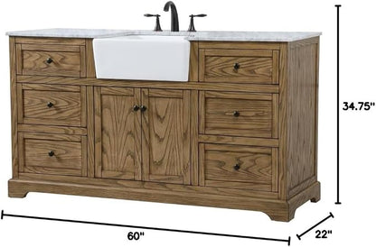 60" Pre-Assembled Bathroom Vanity with Sink, Solid Birch and MDF, Carrara White Marble Countertop Attached, Single Rectangle Porcelain Sink, 6 Soft-Close Drawers, Driftwood