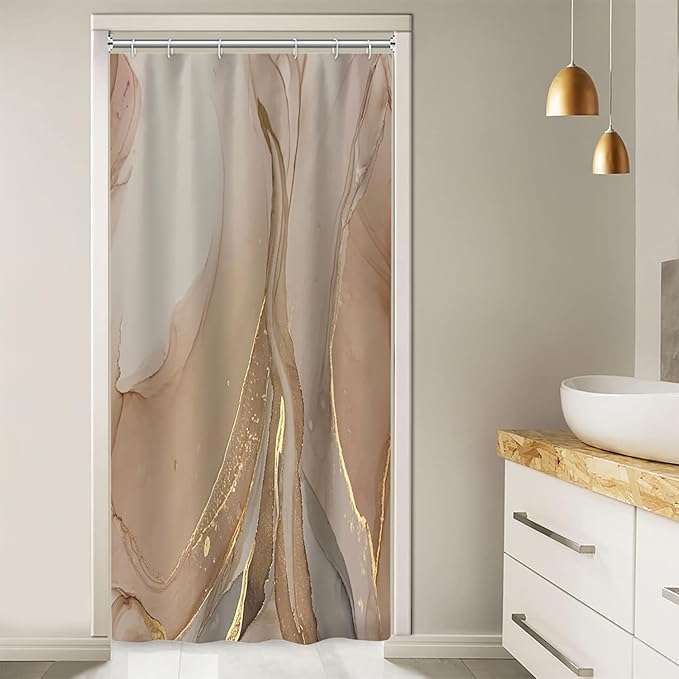 Stall Shower Curtain, Brown Marble Small Shower Curtain Grey and Tan Ink Texture Waterproof Fabric Shower Curtain Set with Hooks, 36x72 Inch