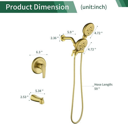 L829-3 Brushed Gold Shower Faucet Set - Complete Dual Shower Head & Handheld Combo, Tub Spout & Trim Kit