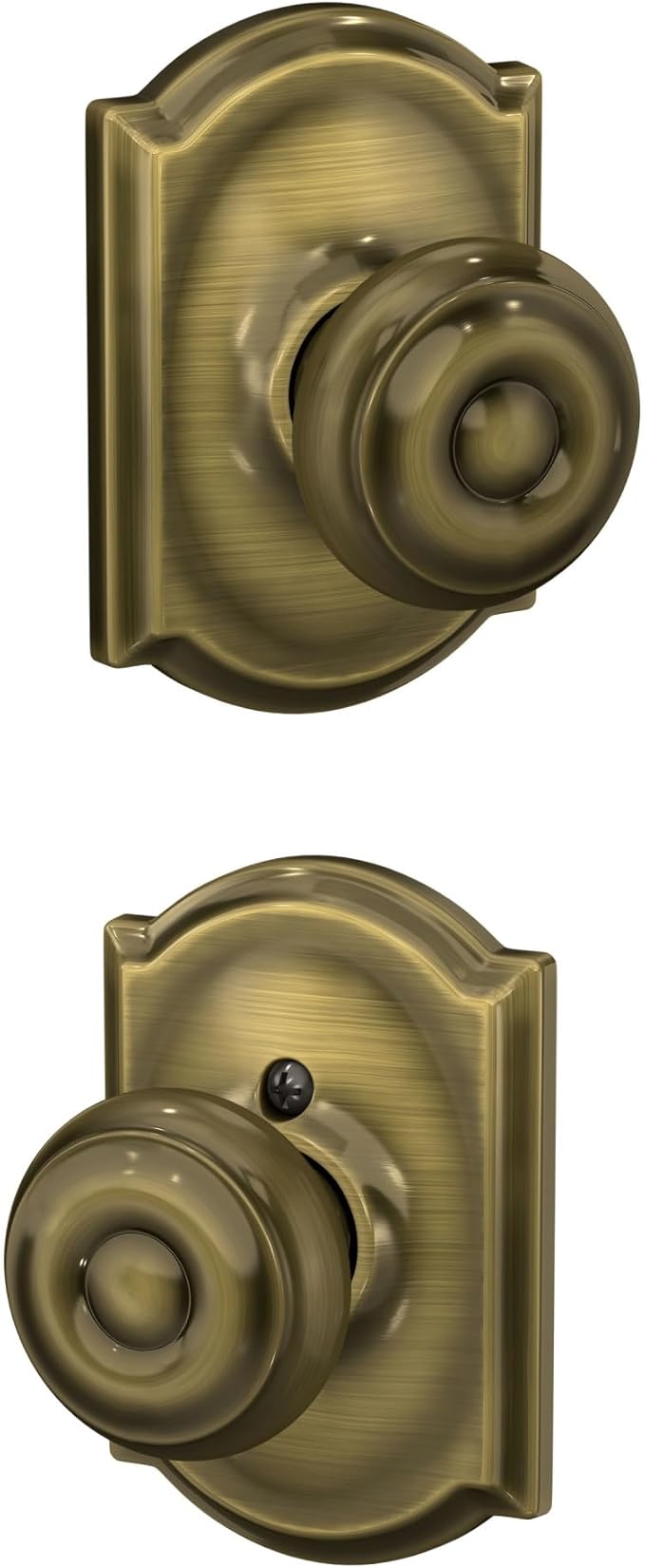 SCHLAGE F10 GEO 609 CAM Camelot Collection Georgian Passage Knob, Antique Brass