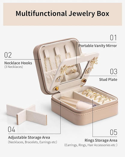 VLANDO Travel Jewelry Case with Mirror, Storage 3 Pairs of Stud Earrings | Necklace Hook for Anti-tangle, Removable Dividers, Waterproof PU Leather,Portable Storage for Rings, Necklace Gifts for Women