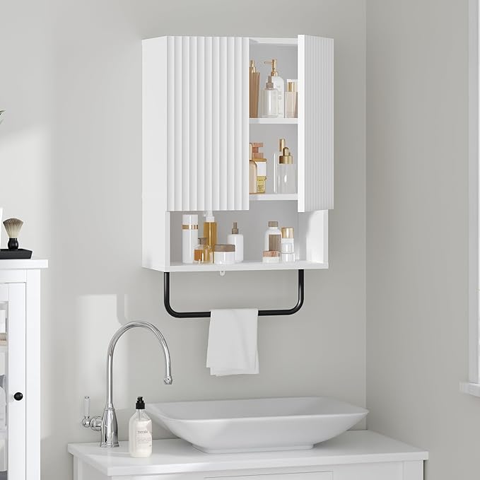 Bathroom Wall Cabinet, Wall Mounted Medicine Cabinets with Towel Bar & Adjustable Shelf, Over The Toilet Space Saver Storage Cabinet with 2 Doors, for Bathroom Laundry Room Kitchen, White