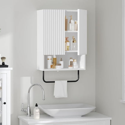 Bathroom Wall Cabinet, Wall Mounted Medicine Cabinets with Towel Bar & Adjustable Shelf, Over The Toilet Space Saver Storage Cabinet with 2 Doors, for Bathroom Laundry Room Kitchen, White