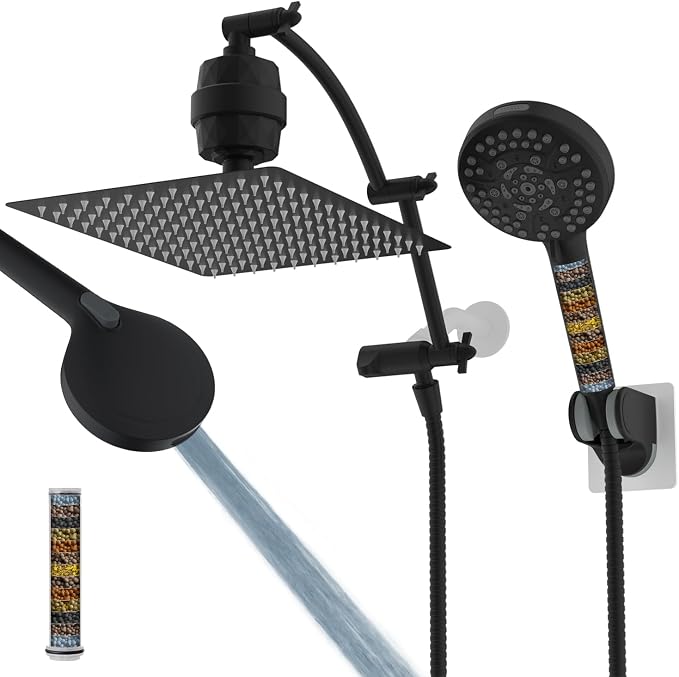Hibbent 12" Dual Filtered Shower Head Combo, 10-spray Handheld, Black | All Metal High Pressure Rainfall Shower Head Combo with Filter, 16" Extension Arm, 3-way Diverter, 71" Hose & Shower Holder