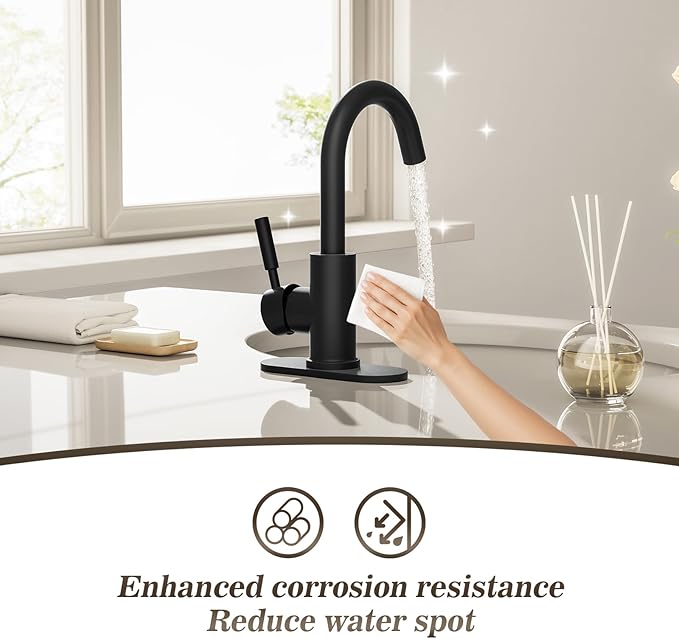 Phiestina Single Hole Matte Black Single-Handle High-Arc Stainless Steel Faucet for Pre-Kitchen Sink/Bar Sink/Bathroom Sink, with 4 Inch Deck Plate and Supply Hoses, Matte Black, WE08E-MB