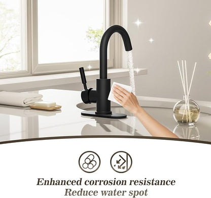Phiestina Single Hole Matte Black Single-Handle High-Arc Stainless Steel Faucet for Pre-Kitchen Sink/Bar Sink/Bathroom Sink, with 4 Inch Deck Plate and Supply Hoses, Matte Black, WE08E-MB