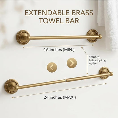 Antique Brass Bathroom Hardware Set 4 Pcs Gold Bathroom Accessories, Vintage Bath Towel Bar Toilet Paper Holder Towel Ring & Double Robe Hook Kit for Shower Room Wall Mounted