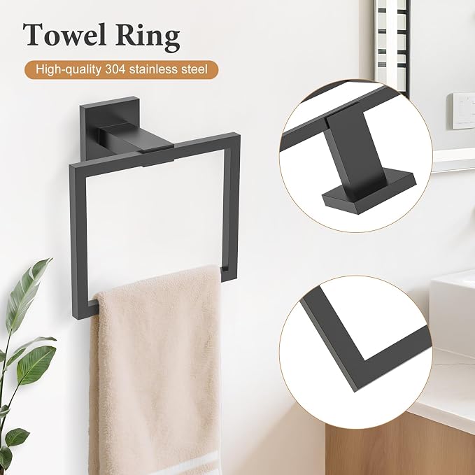 TURS Bathroom Hardware Set Black 4-Piece Towel Bar Set Include 24 Inch Towel Bar Towel Ring Towel Hook Toilet Paper Holder with Shelf Wall Mounted.