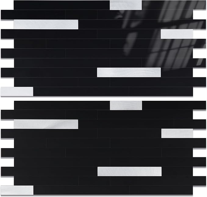 Yipscazo 20 Sheets Peel and Stick Stone Metal Backsplash, PVC Wall Tiles Stick on Tiles for Backsplash Kitchen, Bathroom, Fireplace (6'' X 12'', Black)